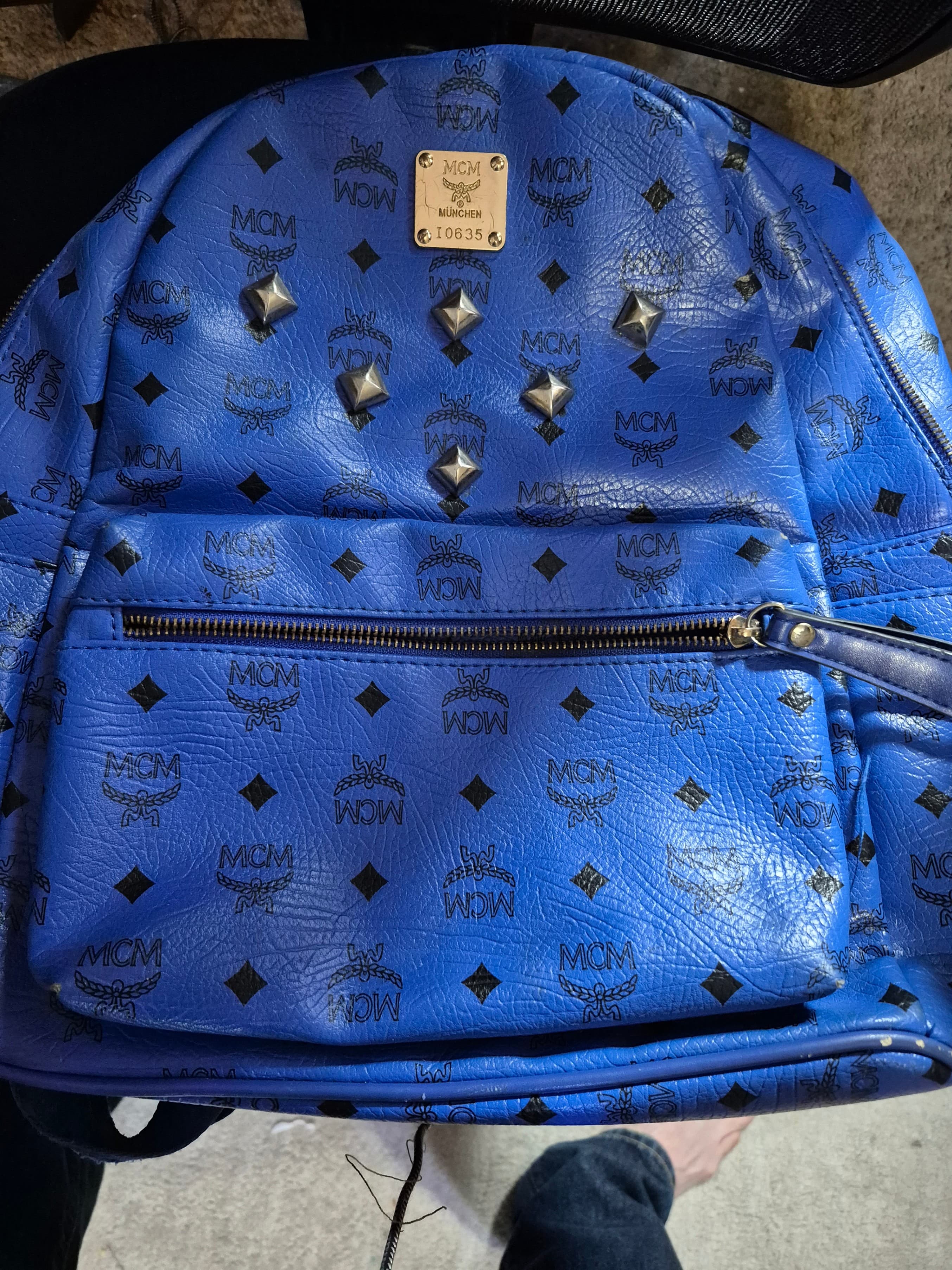 MCM Blue Leather Backpack with Studs and Logo Print - Image 1
