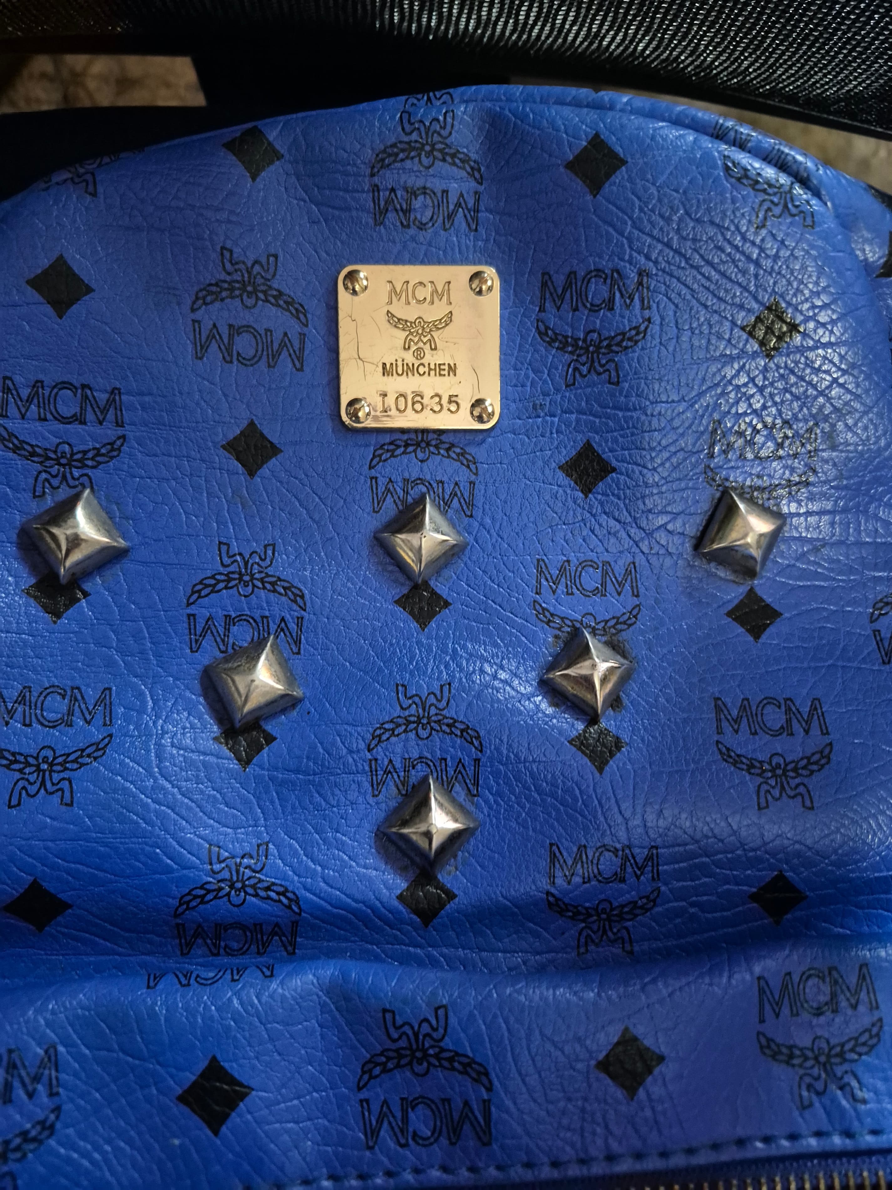 MCM Blue Leather Backpack with Studs and Logo Print - Thumbnail 2