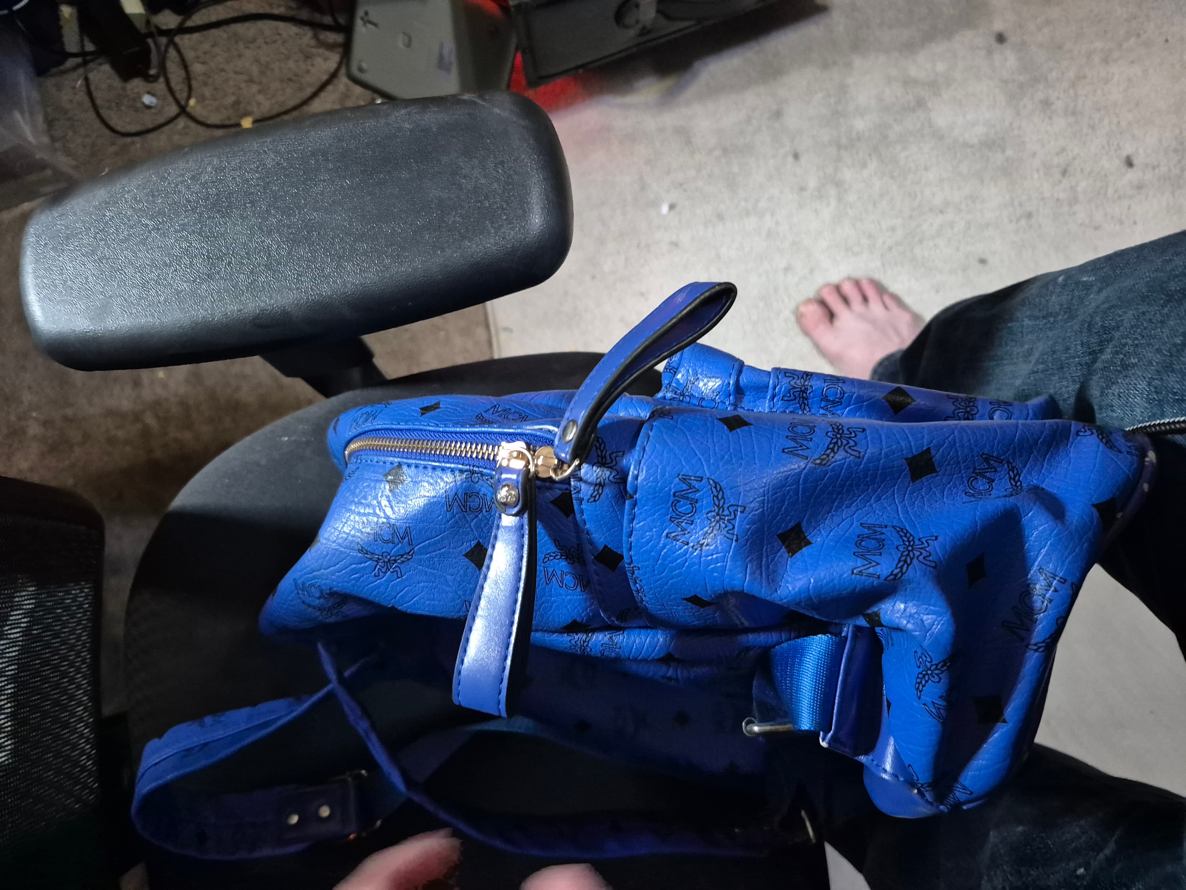 MCM Blue Leather Backpack with Studs and Logo Print - Thumbnail 9