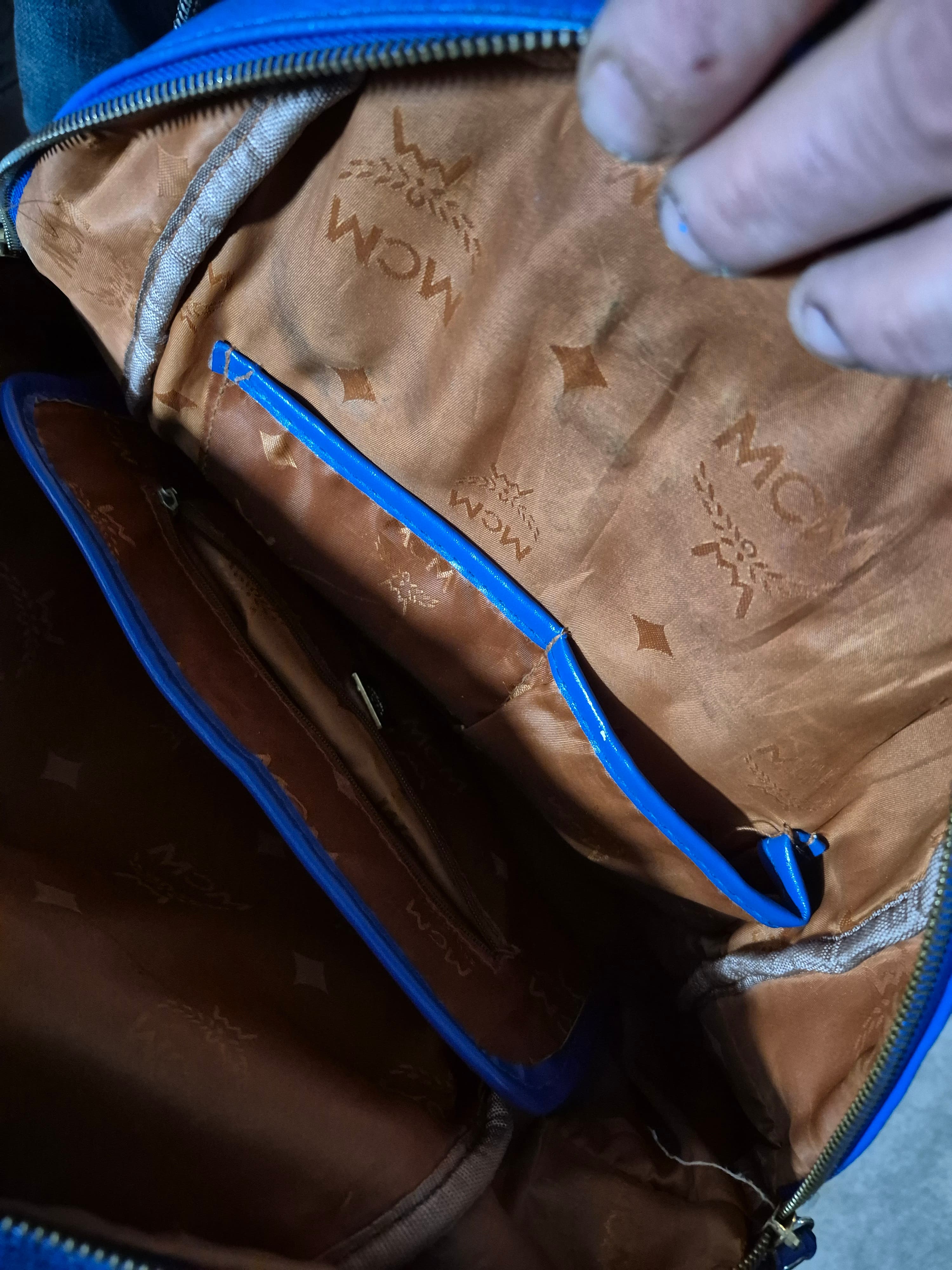 MCM Blue Leather Backpack with Studs and Logo Print - Thumbnail 7