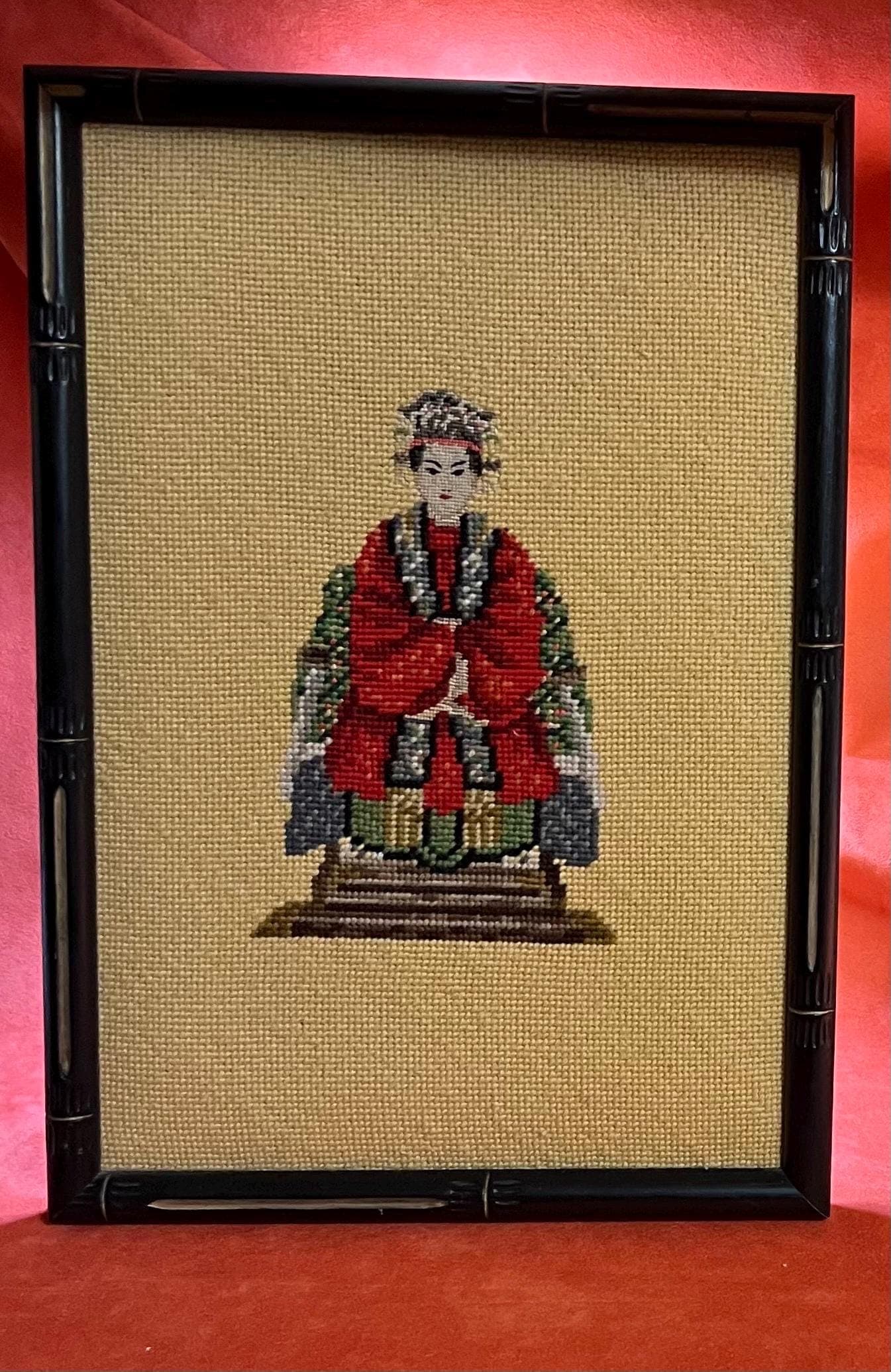 Vintage framed needlepoint depictions of a Chinese Emporer and Empress - Thumbnail 2