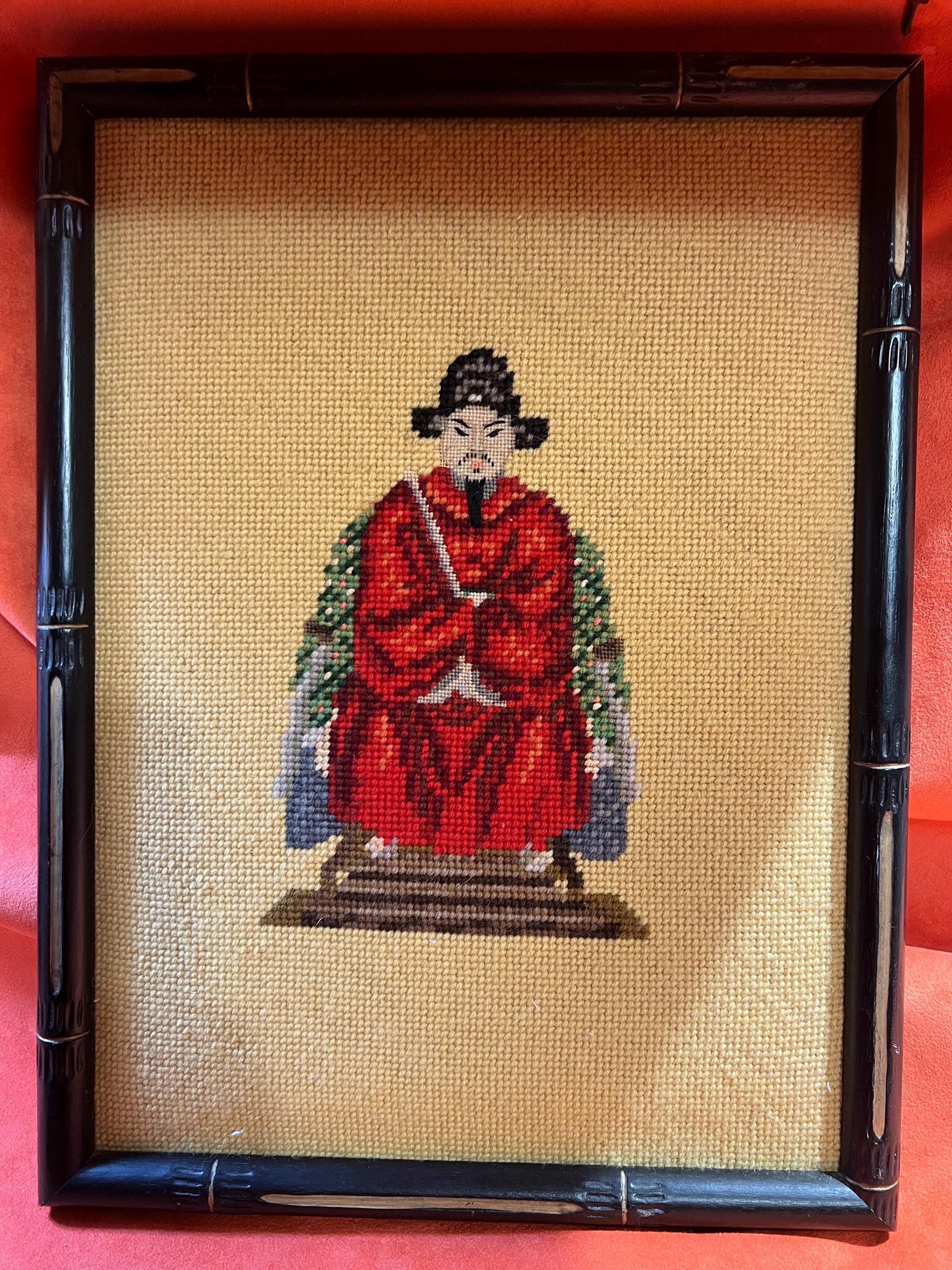 Vintage framed needlepoint depictions of a Chinese Emporer and Empress - Thumbnail 5