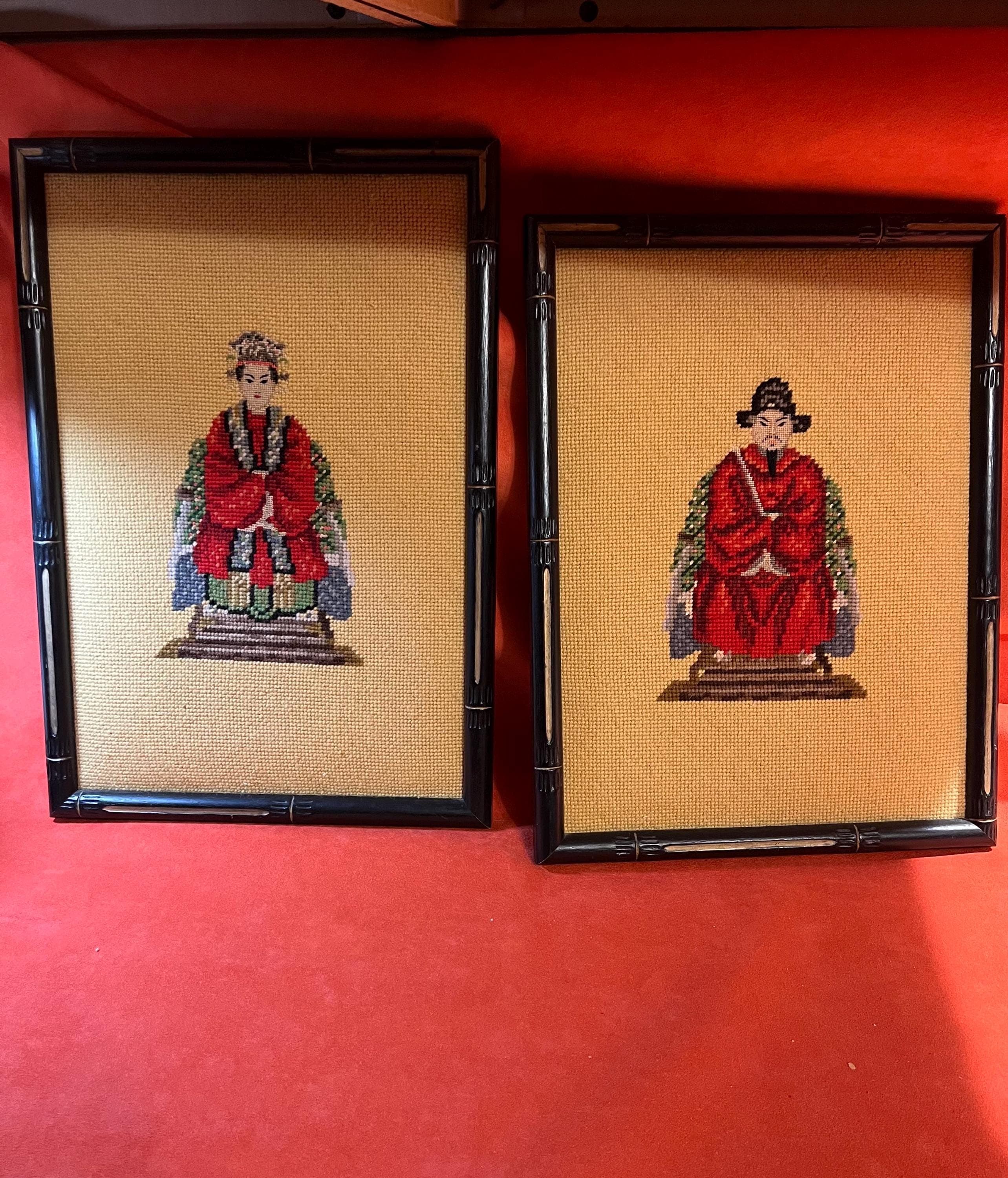 Vintage framed needlepoint depictions of a Chinese Emporer and Empress - Image 1