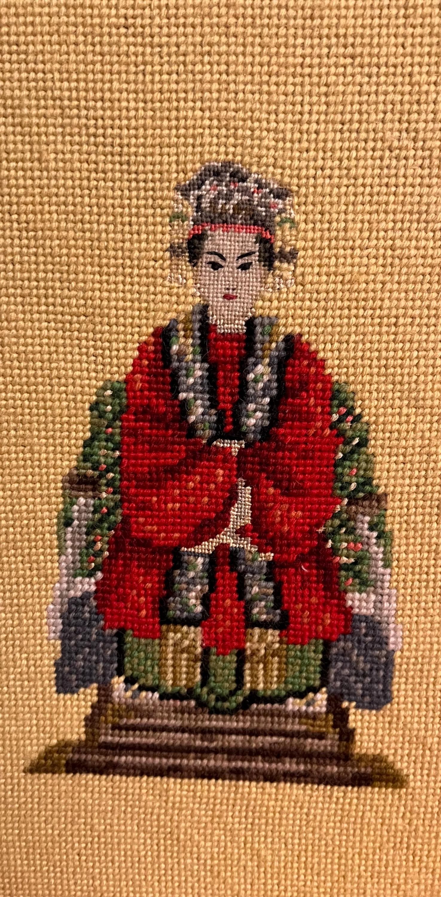 Vintage framed needlepoint depictions of a Chinese Emporer and Empress - Thumbnail 4