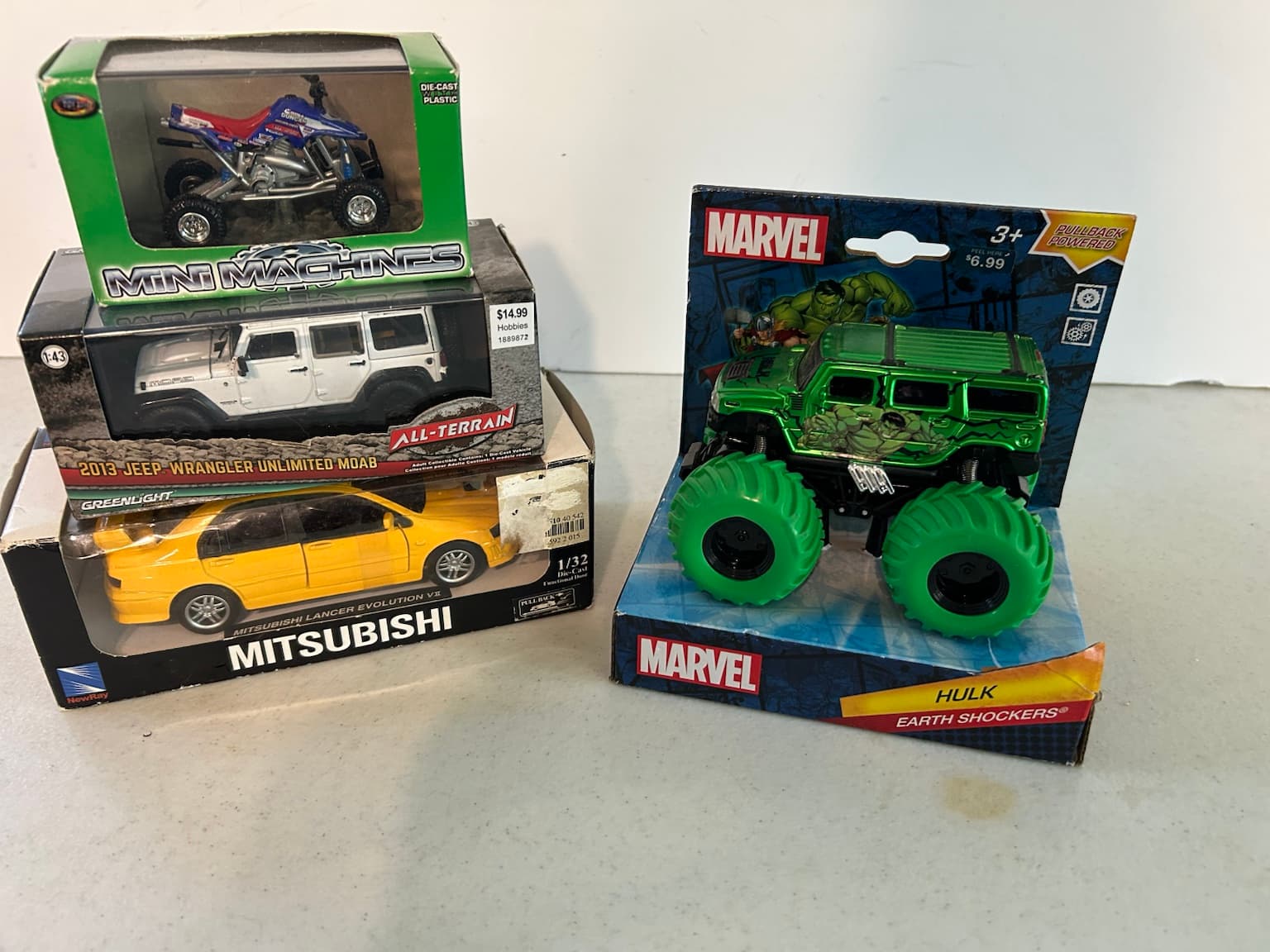 Mixed Toy Vehicle Lot Jeep Wrangler Mitsubishi Lancer Hulk Monster Truck ATV - Thumbnail 3