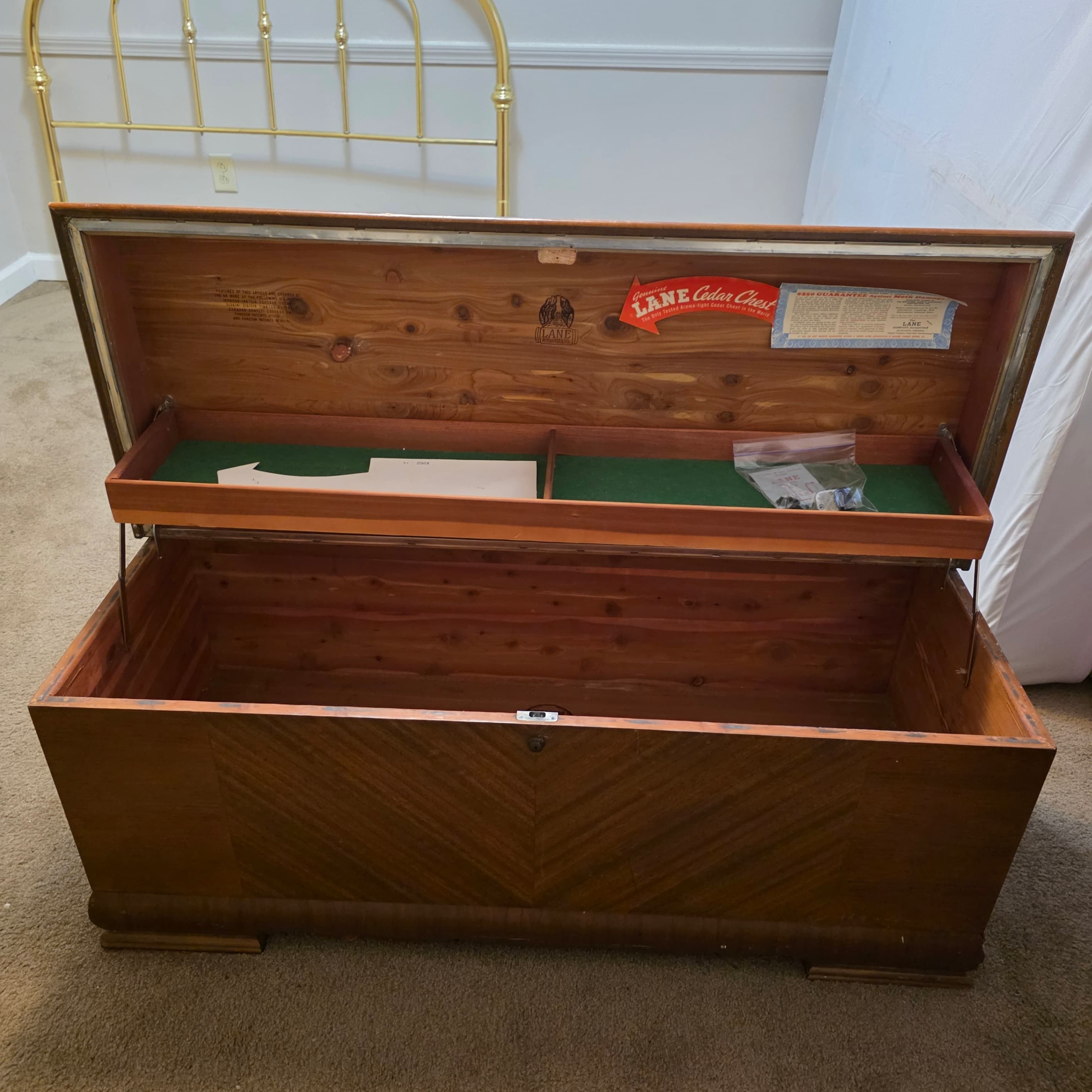 Lane Cedar Chest Vintage Storage Trunk Large with Tray covered in Green Felt - Thumbnail 3