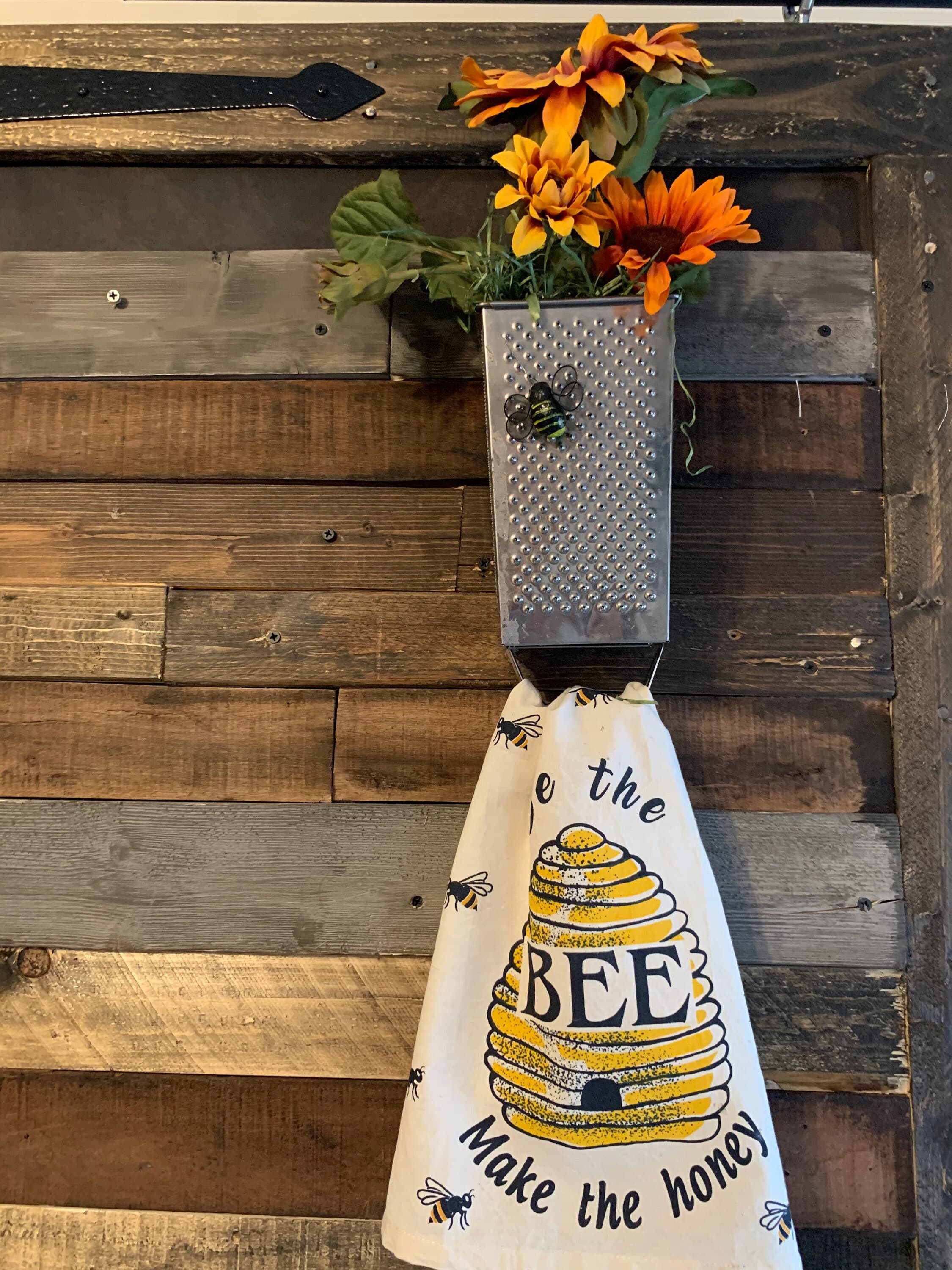 Sunflower Arrangement: Vintage Grater with Bee Towel
