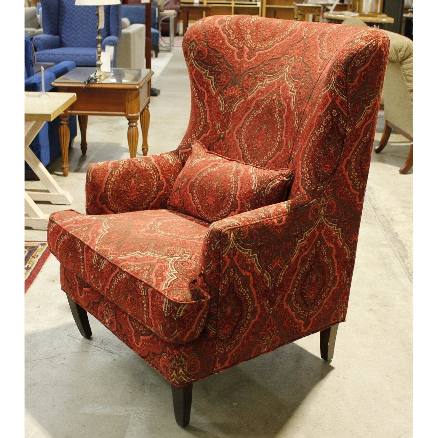 Wingback Chair w/Red Tapestry Upholstery - Red - Thumbnail 3