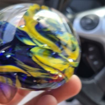Glass Paperweight Yellow Blue Clear Swirl Design - Image 1