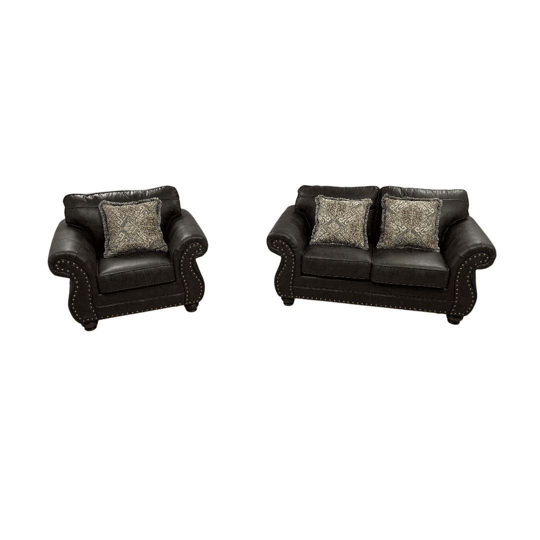 Roundhill Furniture Leinster Faux Leather Upholstered Nailhead Loveseat And Chair in Espresso Set - Thumbnail 2