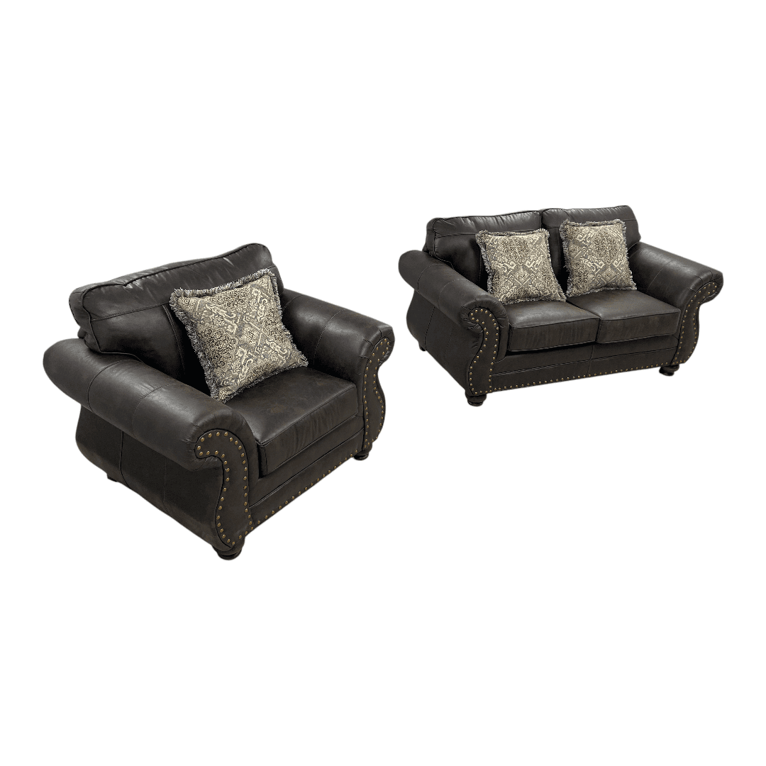 Roundhill Furniture Leinster Faux Leather Upholstered Nailhead Loveseat And Chair in Espresso Set - Thumbnail 7