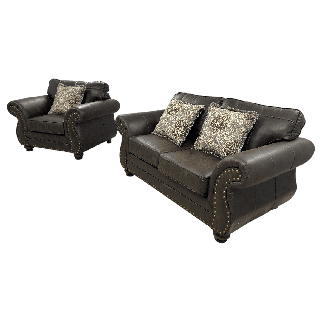 Roundhill Furniture Leinster Faux Leather Upholstered Nailhead Loveseat And Chair in Espresso Set - Thumbnail 6
