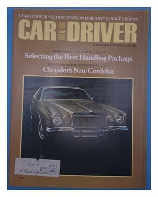 Car and Driver November 1974 Chrysler Cordoba Toyota Celica Magazine - Image 1