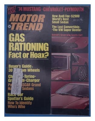 Motor Trend May 1973 Gas Rationing 1974 Mustang VW Beetle Magazine - Image 1