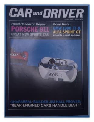 Car and Driver April 1965 Porsche 911, Alfa Sprint GT, Chaparral Magazine - Image 1