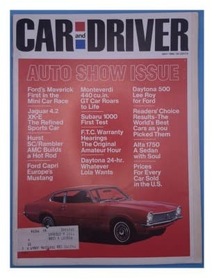 Car and Driver May 1969 Auto Show Ford Maverick Jaguar XK-E Magazine - Image 1