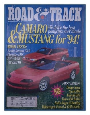 Road & Track November 1993 Camaro Mustang Magazine - Image 1