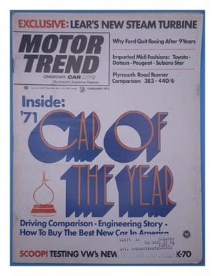 Motor Trend February 1971 Lear's Steam Turbine Car of the Year Magazine - Image 1