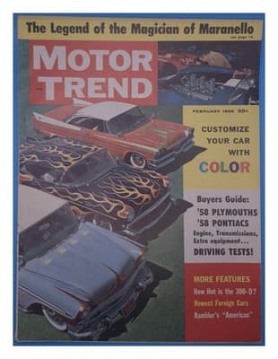 Motor Trend February 1958 Custom Cars Ferrari Plymouth Pontiac Magazine - Image 1