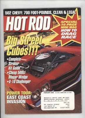 Hot Rod February 1999 502 Chevy 700 Ft-Lbs Drag Race Magazine
