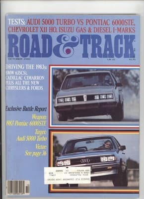 Road & Track October 1982 Pontiac 6000STE Audi 5000 Turbo Magazine