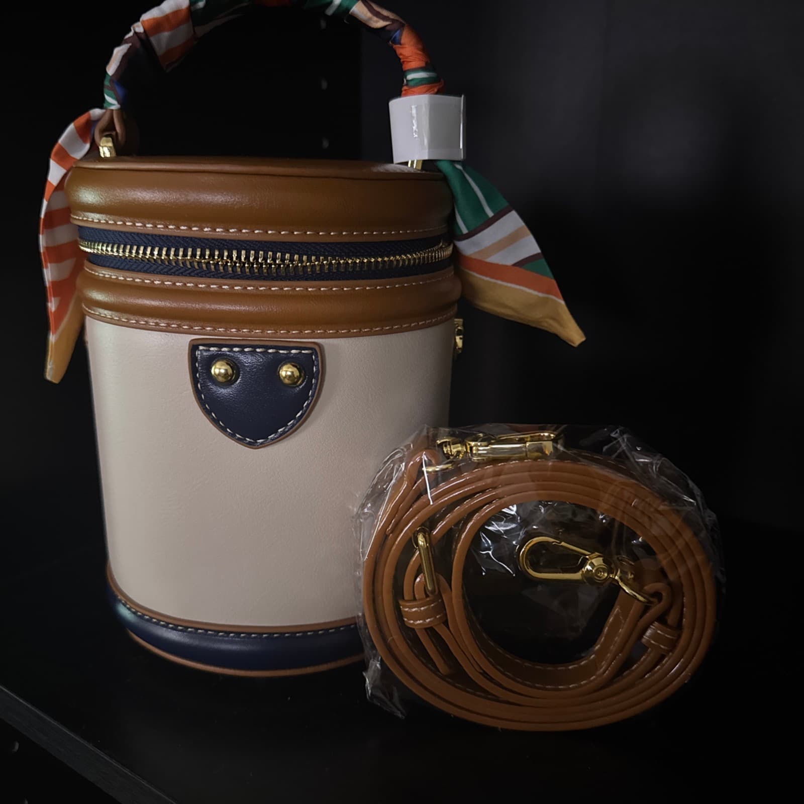 Vintage Round Handbag with Scarf Detail and Removable Strap - Image 1