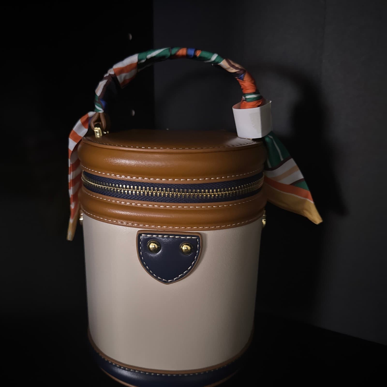 Vintage Round Handbag with Scarf Detail and Removable Strap - Thumbnail 5