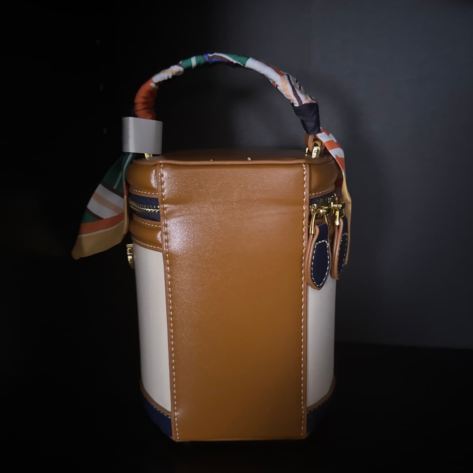 Vintage Round Handbag with Scarf Detail and Removable Strap - Thumbnail 4