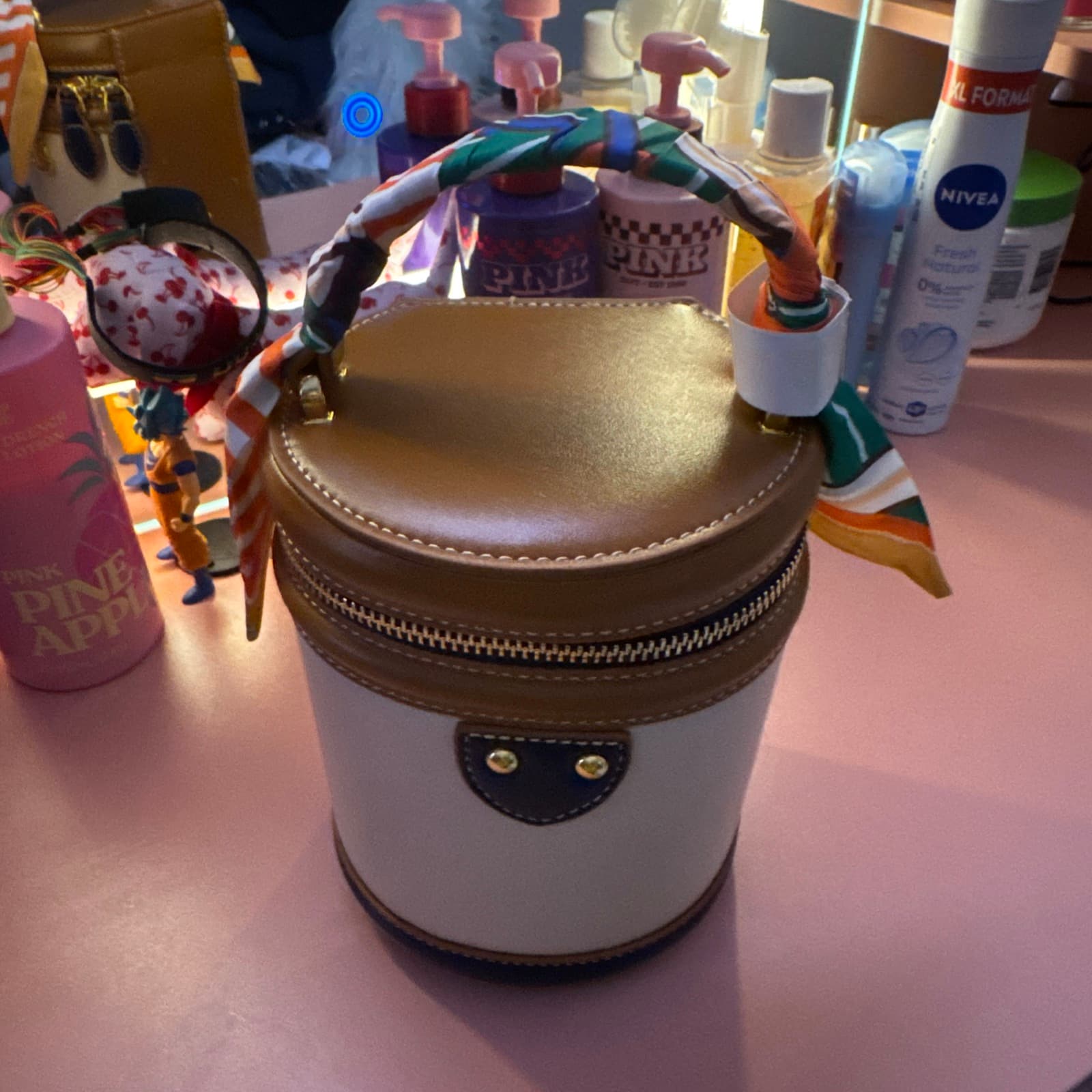 Vintage Round Handbag with Scarf Detail and Removable Strap - Thumbnail 6