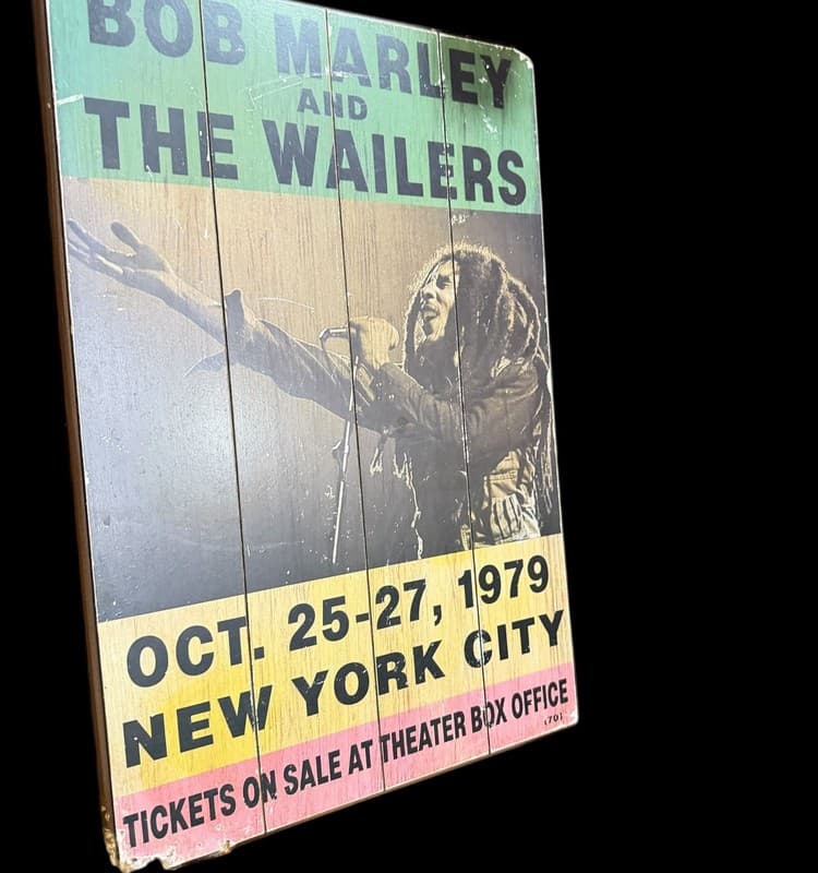 Bob Marley & The Wailers Wood Ticket Sign - October 25-27 1979 New York City - Thumbnail 2