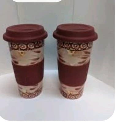 Temptations by Tara Travel Mug Old World Floral Cranberry 12 oz with Lid - Image 1