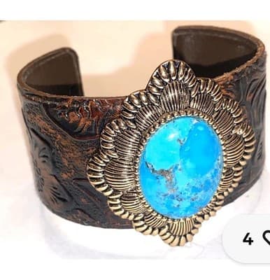 Barse Tooled Leather Turquoise Cuff Bracelet Excellent !!!!! - Thumbnail 3
