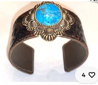 Barse Tooled Leather Turquoise Cuff Bracelet Excellent !!!!! - Thumbnail 2