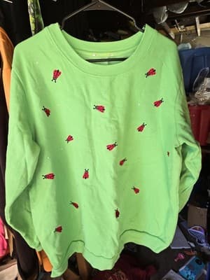 Quacker Factory Ladybug Sweatshirt Rhinestone Womens Size 2XL Lime Green Cotton - Image 1