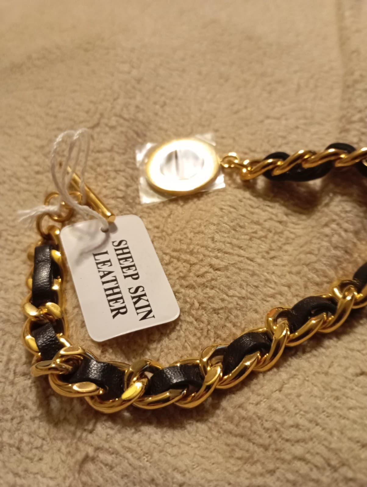 Steel By Design Bracelet Gold Toned With Woven Black Sheepskin Leather - Image 1