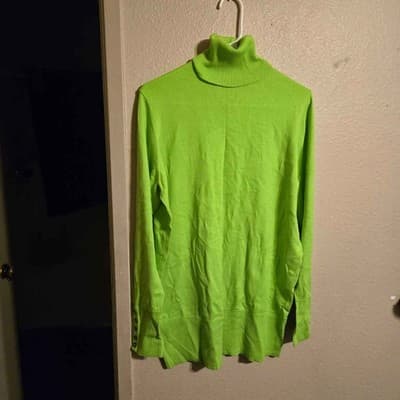 Diane Gilman Lime Green Turtleneck Sweater Button Cuff Ribbed Long Sleeve xl - Image 1