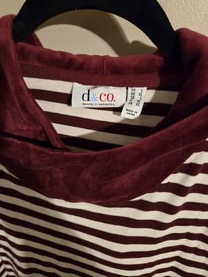 Denim & Co Shirt Women 2X Hoodie Burgundy White Stripe Velvet Casual Loungewear - Thumbnail 3