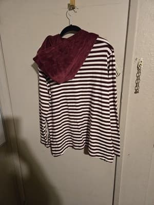 Denim & Co Shirt Women 2X Hoodie Burgundy White Stripe Velvet Casual Loungewear - Thumbnail 2