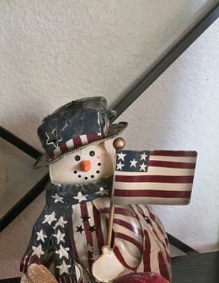 PATRIOTIC SNOWMAN METAL TEA LIGHT CANDLE LANTERN GOD BLESS US ALL SIGN FLAG - Image 1