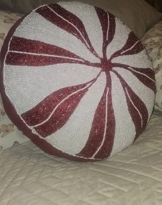 Peppermint Candy Shaped 15" Beaded Red White Christmas Pillow Holiday Glam NICE - Thumbnail 3