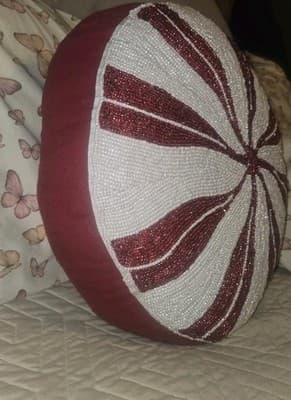 Peppermint Candy Shaped 15" Beaded Red White Christmas Pillow Holiday Glam NICE - Thumbnail 2