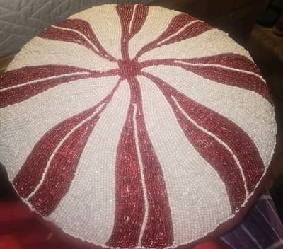 Peppermint Candy Shaped 15" Beaded Red White Christmas Pillow Holiday Glam NICE - Image 1