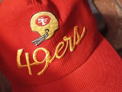 Vintage 90s San Francisco 49ers Script Logo Corduroy Snapback Hat Niners Red - Image 1