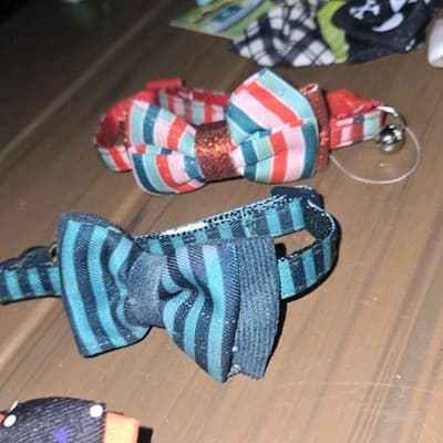 2 Merry & Bright Green Plaid Bow Dog Collar Stripes & Teal - Image 1