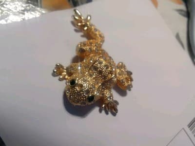 Gold Large Frog With Diamonds Broche With Green Eyes - Image 1