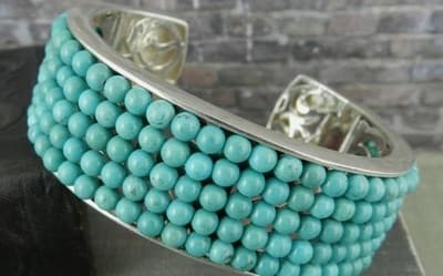 Modern Signed WK 925 Sterling Silver & Turquoise Beaded Hinged Cuff Bracelet - Image 1