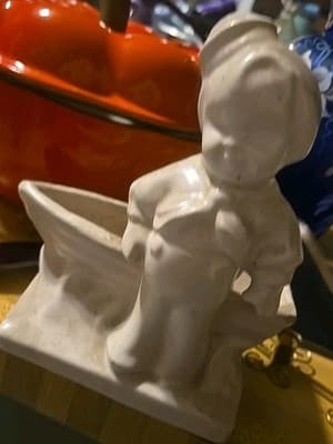 Vintage Cream Pottery Campbells Kid Boy & Boat In Water Planter - Image 1