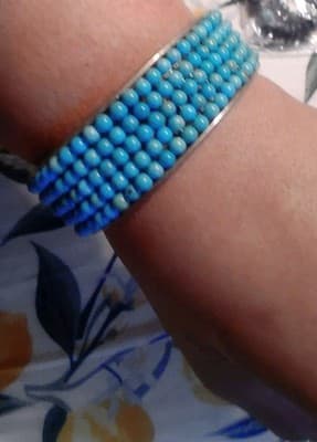 Modern Signed WK 925 Sterling Silver & Turquoise Beaded Hinged Cuff Bracelet - Thumbnail 2