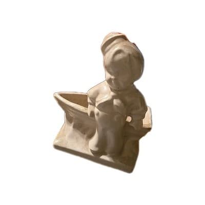 Vintage Cream Pottery Campbells Kid Boy & Boat In Water Planter - Thumbnail 2