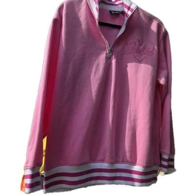 Barbie Women Shirt Pink Embroidered Barbie Quarter Zip Varsity Pullover Large